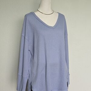 Cozy Relaxed Fit Light Blue Waffle Knit V-Neck Pullover